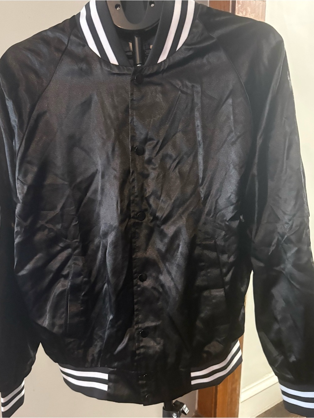 Black Satin Bomber Jacket with Stripe Trim
